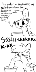Size: 1728x3456 | Tagged: safe, artist:tjpones, rainbow dash, pegasus, pony, 2 panel comic, black and white, chris chan, comic, dialogue, drink, drinking, drinking straw, female, giant food, grayscale, lineart, mare, monochrome, rainbow dork, shrunken pupils, silly, simple background, slurp, solo, straw, straw of fail, succ, white background
