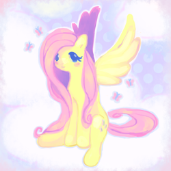 Size: 1300x1300 | Tagged: safe, artist:pxunii, fluttershy, butterfly, pegasus, pony, g4, blushing, cloud, cute, female, looking at you, mare, on a cloud, shyabetes, sitting, solo, spread wings, wings