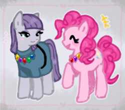 Size: 1164x1023 | Tagged: safe, artist:pxunii, maud pie, pinkie pie, earth pony, pony, g4, blush sticker, blushing, cute, duo, eyes closed, female, happy, mare, pie sisters, rock candy, rock candy necklace, siblings, sisters, smiling, when she smiles