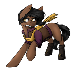 Size: 1376x1308 | Tagged: safe, artist:rokosmith26, oc, oc only, earth pony, pony, boots, clothes, ear piercing, earring, female, jewelry, mare, piercing, raised hoof, scarf, shirt, shoes, simple background, solo, standing, teeth, transparent background