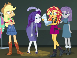 Size: 846x638 | Tagged: safe, artist:thedarkpony, edit, edited screencap, screencap, applejack, maud pie, rarity, sunset shimmer, equestria girls, g4, my little pony equestria girls: better together, rarity investigates: the case of the bedazzled boot, rarity investigates: the case of the bedazzled boot: applejack, clothes, cropped, geode of empathy, geode of super strength, magical geodes, mud, mud edit, muddy shoes, shoes
