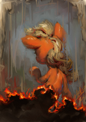 Size: 765x1080 | Tagged: safe, artist:assasinmonkey, applejack, earth pony, pony, g4, burning, digital painting, face not visible, facing away, solo