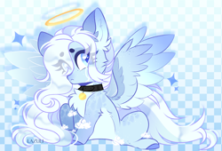 Size: 4920x3350 | Tagged: safe, artist:mint-light, oc, oc only, pegasus, pony, chest fluff, collar, colored hooves, commission, eye clipping through hair, eyelashes, halo, pegasus oc, signature, sitting, solo, wings, ych result