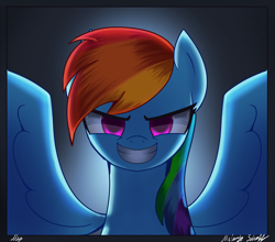 Size: 2500x2200 | Tagged: safe, artist:opal_radiance, rainbow dash, pegasus, pony, g4, adorabolical, adoracreepy, bust, creepy, cute, dashabetes, evil grin, female, grin, high res, looking at you, mare, png, portrait, signature, slasher smile, smiling, smiling at you, solo, spread wings, wings