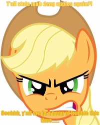 Size: 474x589 | Tagged: safe, applejack, earth pony, pony, g4, angry, bust, caption, close-up, frown, looking at you, meme, text