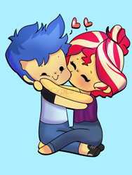 Size: 1800x2400 | Tagged: safe, artist:cxpcakes, flash sentry, sunset shimmer, equestria girls, g4, adorable face, adorkable, beautiful, blue background, blushing, cheek kiss, chibi, cuddling, cute, digital art, dork, female, kissing, male, missing shoes, obtrusive watermark, shimmerbetes, ship:flashimmer, shipping, simple background, straight, watermark, weapons-grade cute