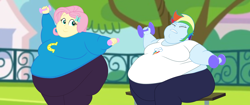 Size: 2560x1080 | Tagged: safe, artist:neongothic, fluttershy, rainbow dash, human, equestria girls, g4, bbw, belly, big belly, bingo wings, breasts, double chin, fat, fat boobs, fattershy, morbidly obese, obese, rainblob dash, ssbbw, sweat, thighs, thunder thighs, tubby wubby pony waifu, weight gain