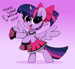 Size: 4096x3755 | Tagged: safe, artist:kittyrosie, twilight sparkle, alicorn, pony, g4, alternate hairstyle, blushing, bow, cheerleader, cheerleader outfit, clothes, cute, dialogue, female, gradient background, looking at you, mare, motivational, open mouth, rearing, smiling, smiling at you, solo, spread wings, sweet dreams fuel, twiabetes, twilight sparkle (alicorn), wholesome, wings