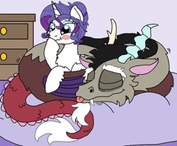 Size: 1024x849 | Tagged: safe, artist:rosefang16, discord, rarity, draconequus, pony, unicorn, g4, alternate hairstyle, blushing, cuddling, cute, discute, female, mare, raricord, shipping, sleeping, stifling laughter, straight, tongue out, wavy mouth