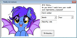 Size: 602x302 | Tagged: safe, artist:emberslament, oc, oc only, oc:evening lily, bat pony, pony, application, bat pony oc, bat wings, c++, computer virus, credit card, cute, ear piercing, fangs, female, it's a trap, looking at you, malware, microsoft, microsoft windows, onomatopoeia, piercing, ponytail, programming, scam, seems legit, skree, smiling, solo, totally not malware, virus, winapi, wings