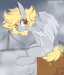 Size: 1297x1509 | Tagged: dead source, safe, artist:mysha, derpy hooves, pegasus, pony, g4, alternate hairstyle, cute, derpabetes, explicit source, female, freckles, looking at you, mare, pale belly, sitting, smiling, smiling at you, solo, spread wings, two toned wings, underhoof, wings