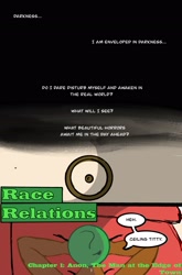 Size: 2062x3131 | Tagged: safe, artist:datzigga, oc, oc:anon, human, comic:race relations, comic, dark skin, dialogue, high res, title page