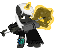 Size: 1352x1105 | Tagged: safe, artist:php178, derpibooru exclusive, oc, oc only, oc:psalm, pony, unicorn, fallout equestria, fallout equestria: project horizons, .svg available, bedroom eyes, belt, clothes, coat, delta pipbuck, fanfic art, female, glowing, glowing horn, gun, gun holster, helmet, horn, jacket, lidded eyes, magic, magic glow, mare, penance (psalm's rifle), pipbuck, relentless sorrow (psalm's handgun), rifle, sheath, show accurate, simple background, smiling, smiling at you, sniper, sniper rifle, solo, svg, sword, transparent background, trenchcoat, unicorn oc, vector, weapon