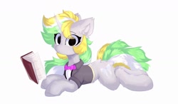 Size: 1666x972 | Tagged: safe, artist:php146, oc, oc only, oc:lemonswoosh, pony, unicorn, book, bowtie, clothes, cute, eye clipping through hair, eyebrows, female, glowing, glowing horn, holding book, horn, levitation, looking at you, lying down, magic, magic aura, mare, solo, suit, telekinesis, unicorn oc