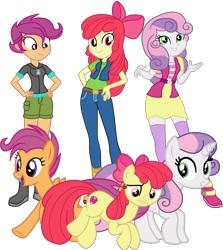 Size: 2417x2706 | Tagged: safe, artist:gmaplay, apple bloom, scootaloo, sweetie belle, earth pony, pegasus, pony, unicorn, equestria girls, g4, growing up is hard to do, bow, cutie mark, cutie mark crusaders, female, high res, looking down, older, older apple bloom, older cmc, older scootaloo, older sweetie belle, open mouth, self paradox, self ponidox, simple background, teeth, the cmc's cutie marks, transparent background, trio, trio female, vector