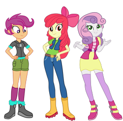 Size: 2417x2390 | Tagged: safe, artist:gmaplay, apple bloom, scootaloo, sweetie belle, equestria girls, g4, growing up is hard to do, clothes, cutie mark crusaders, female, high res, looking at you, looking down, older, older apple bloom, older cmc, older scootaloo, older sweetie belle, simple background, transparent background, trio, trio female