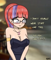 Size: 1492x1758 | Tagged: safe, artist:banquo0, moondancer, human, g4, armband, bare shoulders, blushing, breasts, busty moondancer, cleavage, clothes, dress, embarrassed, glasses, humanized, jewelry, lidded eyes, necklace, solo, strapless, text