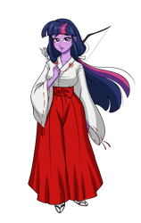 Size: 2551x4032 | Tagged: safe, artist:ameliacostanza, part of a set, twilight sparkle, equestria girls, g4, anime, arrow, blouse, blushing, bow (weapon), bow and arrow, clothes, cosplay, costume, crossover, eyebrows, eyebrows visible through hair, female, frown, hakama, high res, inuyasha, japanese, kikyo, looking at you, miko, open mouth, priestess, quiver, simple background, solo, transparent background, weapon