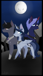 Size: 720x1280 | Tagged: safe, artist:lisaartista365, oc, oc only, oc:prince midnight, oc:prince shade, oc:princess moonlight, alicorn, pony, unicorn, alicorn oc, crown, curved horn, female, full moon, heterochromia, horn, jewelry, male, mare, moon, night, offspring, parent:king sombra, parent:princess luna, parents:lumbra, peytral, regalia, siblings, stallion, tongue out, wings