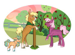 Size: 1280x937 | Tagged: safe, artist:joburii, applejack, cheerilee, oc, oc:clarabelle apple, earth pony, pony, g4, alternate design, apple, apple tree, bipedal, bipedal leaning, body freckles, cheerijack, female, fence, filly, freckles, glare, glasses, leaning, lesbian, missing cutie mark, mother and child, mother and daughter, neckerchief, nose wrinkle, offspring, parent:applejack, shipping, simple background, story included, sweet apple acres, transparent background, tree, unshorn fetlocks
