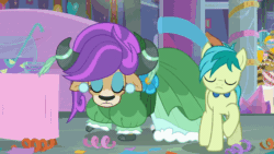 Size: 1298x734 | Tagged: safe, screencap, sandbar, yona, earth pony, pony, yak, g4, she's all yak, animated, blushing, clothes, cloven hooves, dress, duo, ear piercing, earring, female, gif, jewelry, male, piercing, wig