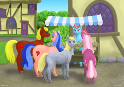 Size: 1300x910 | Tagged: safe, artist:soobel, cheerilee, cup cake, derpy hooves, oc, oc:cloudie brilliant, oc:tomato delight, earth pony, pegasus, pony, unicorn, g4, both cutie marks, female, food, mare, muffin