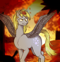 Size: 937x974 | Tagged: safe, artist:happyartfag, derpy hooves, pegasus, pony, g4, drawthread, female, leaf, mare, requested art, serious, serious face, solo, spread wings, wings