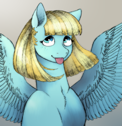 Size: 937x974 | Tagged: safe, artist:happyartfag, helia, pegasus, pony, g4, :p, drawthread, requested art, solo, spread wings, tongue out, wings