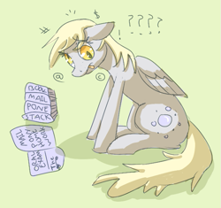 Size: 591x556 | Tagged: safe, artist:archego-art, derpy hooves, pegasus, pony, g4, confused, drawthread, homework, question mark, requested art, simple background, solo