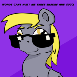Size: 1000x1000 | Tagged: safe, artist:spagootispootis, derpy hooves, pegasus, pony, g4, caption, drawthread, ponified, requested art, solo, sunglasses