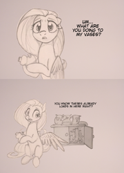 Size: 863x1200 | Tagged: safe, anonymous artist, fluttershy, pegasus, pony, g4, bait and switch, bong, comic, dialogue, drawthread, drugs, monochrome, solo, talking to viewer