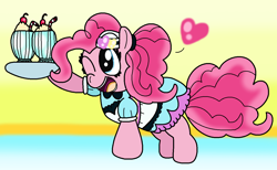 Size: 1268x782 | Tagged: safe, artist:harmonybunny2021, pinkie pie, earth pony, pony, coinky-dink world, eqg summertime shorts, equestria girls, g4, cherry, cute, diapinkes, equestria girls ponified, food, hat, heart, milkshake, ponified, server pinkie pie, straw, tray, waitress