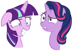 Size: 13200x9500 | Tagged: safe, artist:tardifice, starlight glimmer, twilight sparkle, pony, g4, absurd resolution, duo, duo female, female, floppy ears, grin, gritted teeth, mare, palette swap, recolor, simple background, smiling, transparent background, vector