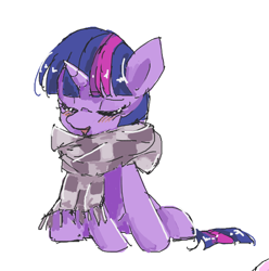 Size: 614x619 | Tagged: safe, artist:lexiedraw, twilight sparkle, pony, g4, blushing, clothes, eyes closed, scarf, simple background, sitting, solo, white background
