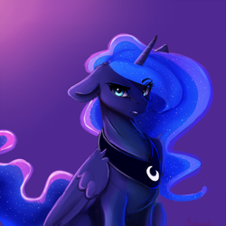 Size: 4000x4000 | Tagged: safe, artist:miokomata, princess luna, alicorn, pony, g4, absurd resolution, cute, eye clipping through hair, eyebrows, eyebrows visible through hair, female, floppy ears, glowing mane, gradient background, horn, jewelry, looking at you, lunabetes, mare, regalia, signature, simple background, solo, wings