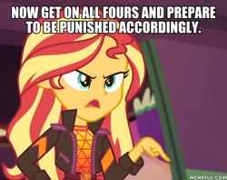 Size: 600x476 | Tagged: safe, edit, edited screencap, screencap, sunset shimmer, equestria girls, equestria girls specials, g4, my little pony equestria girls: better together, my little pony equestria girls: sunset's backstage pass, caption, geode of empathy, image macro, imminent punishment, magical geodes, memeful.com, solo, text