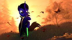 Size: 7680x4320 | Tagged: safe, artist:lagmanor, oc, oc only, oc:lagmanor amell, butterfly, pony, unicorn, 3d, absurd resolution, dawn, flower, forest, glowing sword, grass, heroic posing, nature, rose, solo, source filmmaker, swordsman