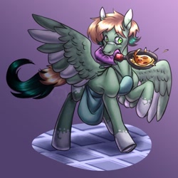 Size: 1280x1280 | Tagged: safe, artist:system-destroyer, artist:technodjent, oc, oc only, oc:inex code, pegasus, pony, frying pan, mouth hold, solo, two toned wings, wings