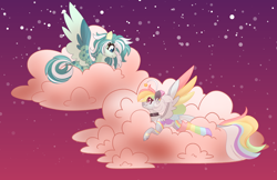 Size: 6168x4000 | Tagged: safe, artist:crazysketch101, oc, oc only, pegasus, pony, cloud, duo, lying down, lying on a cloud, multicolored hair, on a cloud, rainbow hair, spots