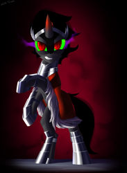 Size: 2200x3000 | Tagged: safe, artist:shido-tara, king sombra, pony, unicorn, g4, armor, commission, commissioner:reversalmushroom, cute, dark background, darkness, evil, glowing eyes, high res, looking at you, male, rearing, simple background, solo, sombradorable, stallion