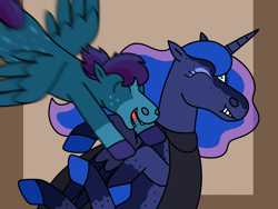 Size: 2048x1536 | Tagged: safe, artist:kindheart525, princess luna, oc, oc:ravenclaw, alicorn, pegasus, pony, auraverse, g4, adopted offspring, colt, duo, eyes closed, female, male, mare, mother and child, mother and son, open mouth, parent:princess luna, smiling, spread wings, story included, wings