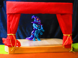 Size: 3730x2797 | Tagged: safe, artist:malte279, part of a set, trixie, pony, unicorn, g4, cape, clothes, craft, embossing, hat, high res, irl, metal foil, photo, relief, stage, trixie's cape, trixie's hat