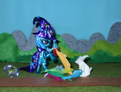 Size: 2399x1835 | Tagged: safe, alternate version, artist:malte279, part of a set, trixie, pony, rabbit, unicorn, g4, animal, cape, clothes, craft, embossing, hat, irl, metal foil, origami, photo, relief, trixie's cape, trixie's hat