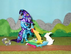 Size: 1024x784 | Tagged: safe, artist:malte279, part of a set, trixie, pony, rabbit, unicorn, g4, animal, cape, clothes, craft, embossing, hat, irl, metal foil, origami, photo, relief, trixie's cape, trixie's hat