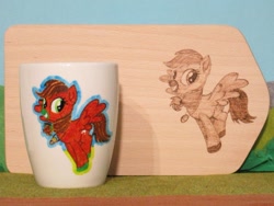 Size: 1024x769 | Tagged: safe, artist:malte279, oc, oc:questionmark, pegasus, pony, craft, cup, pegasus oc, porcelain painting, pyrography, traditional art, wings