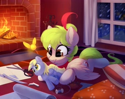 Size: 4096x3265 | Tagged: safe, artist:taneysha, derpy hooves, oc, oc only, oc:pixie, pegasus, pony, fire, fireplace, needle, pillow, pincushion, plush derpy, plushie, scissors, sewing, sewing needle, snow, snowfall, solo, thread, window
