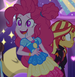 Size: 1050x1080 | Tagged: safe, screencap, pinkie pie, sunset shimmer, equestria girls, equestria girls series, g4, sunset's backstage pass!, spoiler:eqg series (season 2), clothes, cropped, drool, female, geode of sugar bombs, magical geodes, music festival outfit, shrunken pupils