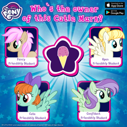 Size: 1080x1080 | Tagged: safe, gameloft, peppermint goldylinks, strawberry scoop, summer breeze, violet twirl, earth pony, pegasus, pony, g4, official, background pony, bow, cute, cutie mark, female, friendship student, hair bow, mare, my little pony logo, quiz, spread wings, wings