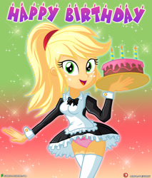 Size: 3400x4000 | Tagged: safe, artist:dieart77, applejack, equestria girls, g4, adorasexy, birthday cake, breasts, busty applejack, cake, candle, clothes, cute, dessert, female, food, freckles, happy birthday, high res, jackabetes, looking at you, maid, open mouth, open smile, panties, parachute dress, paraskirt, pink underwear, ribbon, sexy, skirt, smiling, smiling at you, solo, tray, underwear, upskirt