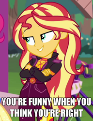 Size: 500x650 | Tagged: safe, edit, edited screencap, screencap, pinkie pie, sunset shimmer, equestria girls, equestria girls specials, g4, my little pony equestria girls: better together, my little pony equestria girls: sunset's backstage pass, caption, clothes, condescending, cropped, crossed arms, geode of empathy, image macro, magical geodes, music festival outfit, smiling, smirk, smugset shimmer, text